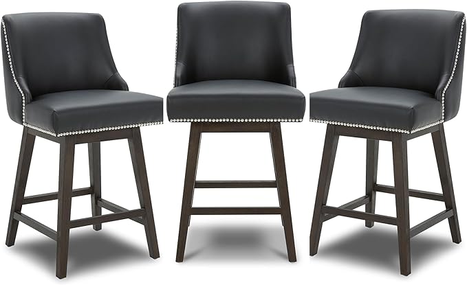 CHITA Counter Height Swivel Bar Stools Set of 3, FSC Certified Upholstered Counter Stools, Modern Swivel Barstools with Wood Legs for Kitchen Island, 26" Seat Height, Faux Leather in Black