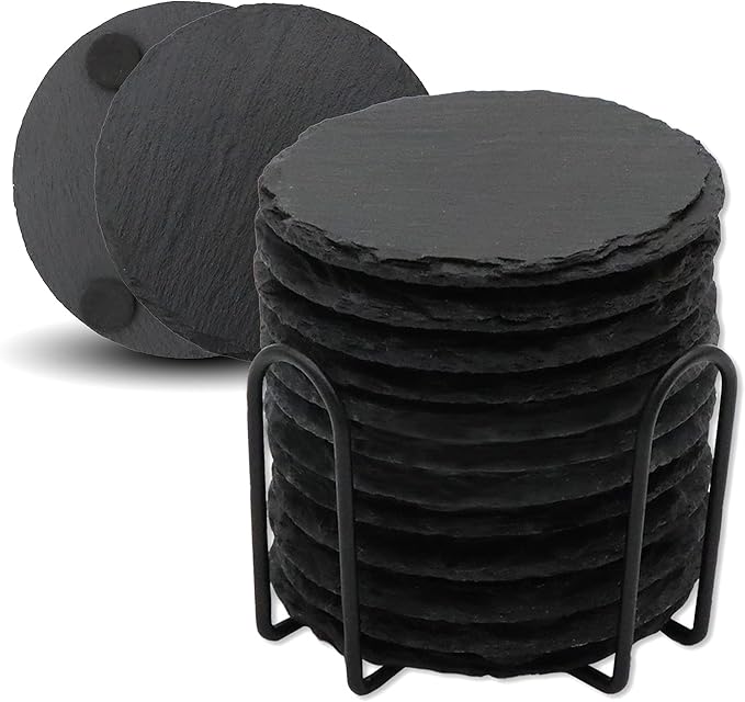 12 Pack Slate Drink Coasters with Metal Holder, VIBRATITE 4 Inch Black Slate Stone Coasters Bulk Laser Engraving Blanks with Anti-Scratch Bottom for Drink Coffee Bar Kitchen Home Decor, Round