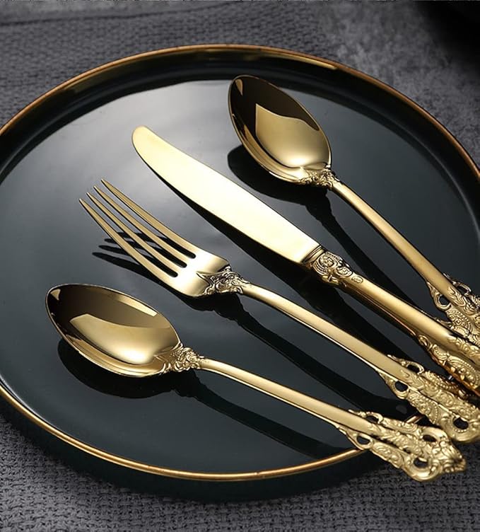 Gold Silverware Set for 16 Durable 18/10 Stainless Steel Flatware Set Palace Style Modern Cutlery Utensils Set 64 Piece Include Knives Forks and Spoons Tableware Set for Home Kitchen Restaurant