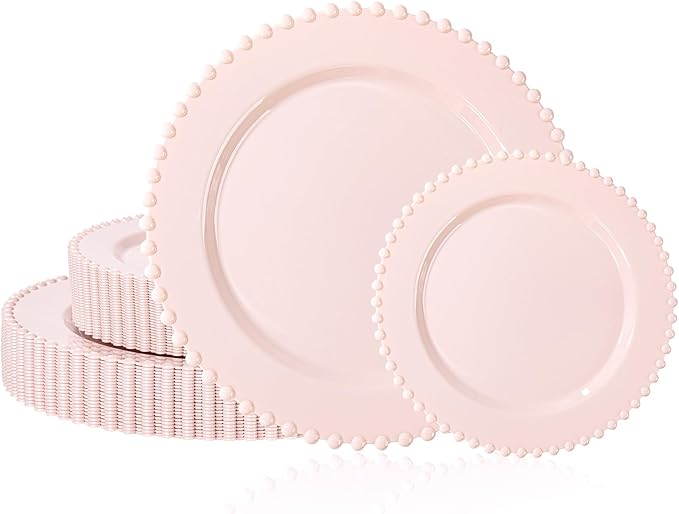 U-QE 60PCS Pink Plastic Plates - Heavy Duty Beaded Pink Valentines Plates for Valentine's Day, Party, Wedding - Serving 30 Guests Include 30PCS 10inch Dinner Plate & 30PCS 7inch Dessert Plate