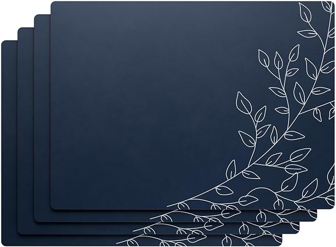 Royalty Art Navy Blue Boho Placemats, 4 Pc. Set, Non-Slip Cork Backed, Wipeable Heat Resistant Surface for Kitchen and Dining Table Protection, Cute Floral Pattern for Farmhouse or Rustic Decor