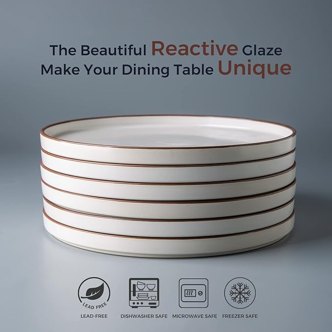 LERATIO Ceramic Plates,8.0 Inch Flat Salad Plates Set of 6,High Edge Modern plates for Kitchen,Microwave & Dishwasher & Oven Safe, Scratch Resistant Dishes Set-Matte White with Rim
