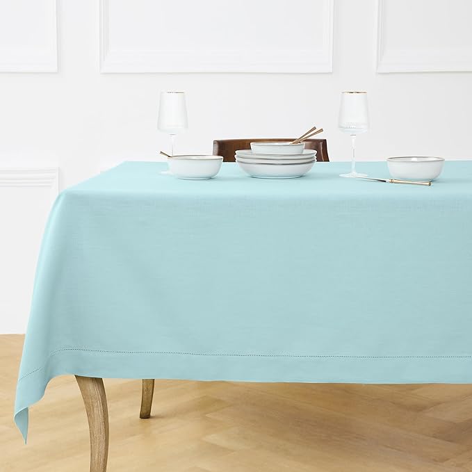 Solino Home Linen Tablecloth for Rectangle Tables 60 x 144 Inch - Classic Hemstitch 100% Pure Linen Aqua Blue Table Cloth - Machine Washable Cloth Tablecloth for Spring, Easter