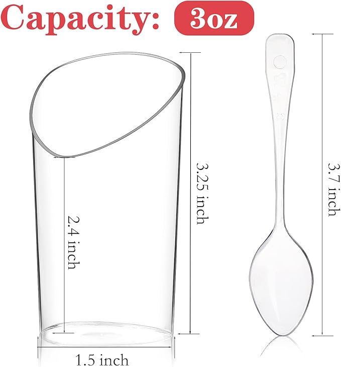 50 Pack Plastic Dessert Cups with Spoons, 3 oz Clear Mini Parfait Appetizer Cups, Reusable Slanted Triangle Shooter Serving bowls for Tasting, Small Dessert Shot Glasses
