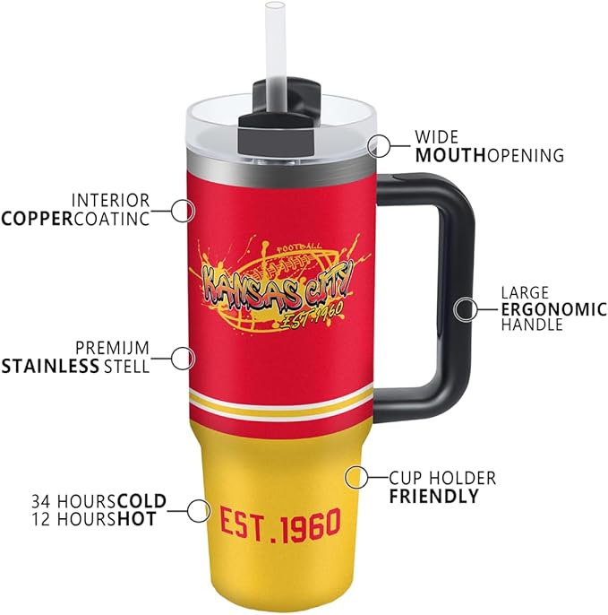 Kansas 30 oz Tumbler with Handle and Straw,Car cup,Coffee Mug,100% Leakproof Insulated Tumbler with Lid and Straw,Made of Stainless Steel,Cup Holder Friendly Base,Classic Collection Gifts for Fans