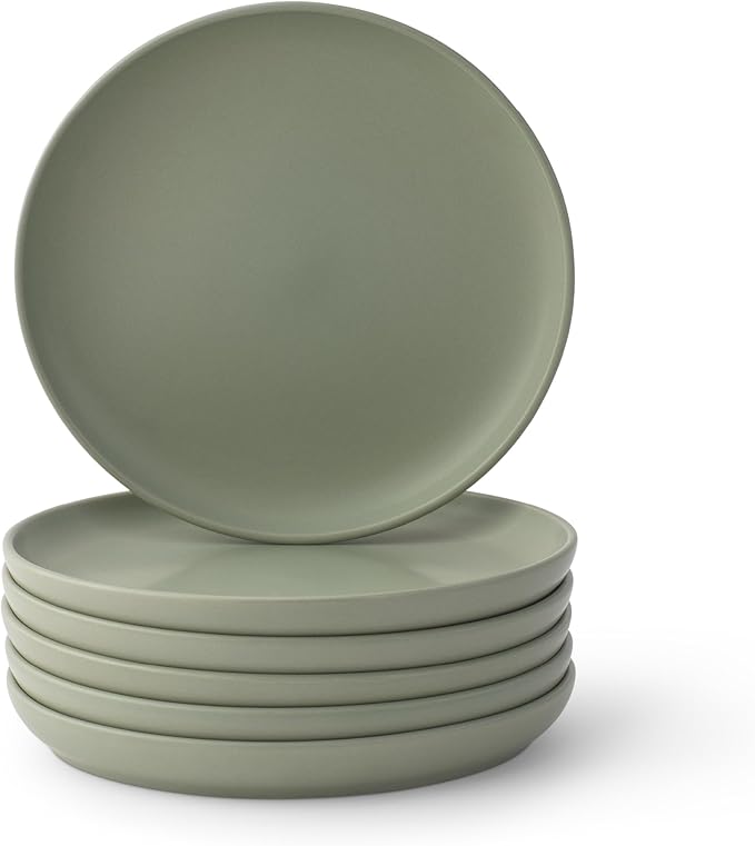 JoyJolt Mesa Stoneware Salad Plates, 8" Round Lunch Plates, Dishwasher and Microwave Safe Plate Set of 6, Modern Rustic Dinnerware, Appetizer Dessert or Dinner Sides Kitchen Dishes - Matte Sage Green