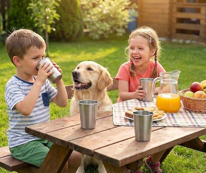 CHILLOUT LIFE Stainless Steel Cups for Kids and Adult 12 oz – Metal Kids Cups stackable for Home & Outdoor Activities, BPA Free Healthy Unbreakable Premium Metal Drinking Pint Glasses (4-Pack)