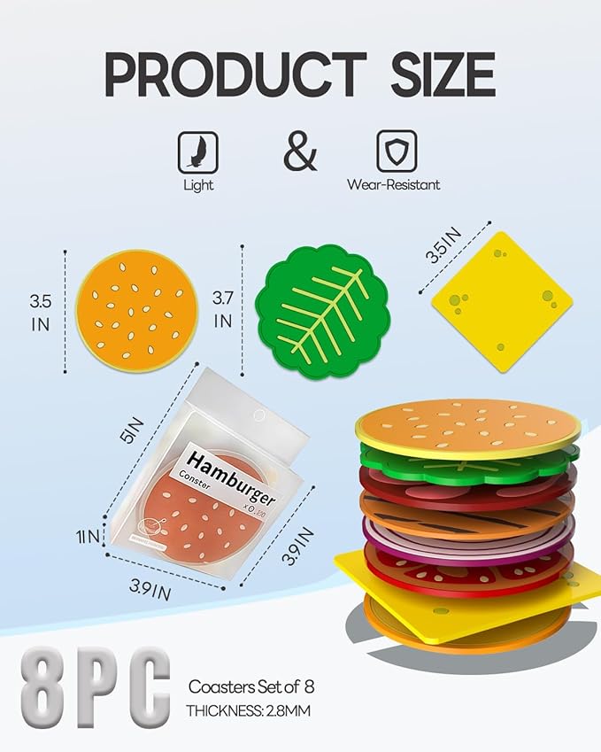 WOCOCN Cute Hamburger Coasters for Drinks, Funny Non-Slip Silicone Coasters Set of 8,Waterproof, Heat-Proof, Elastic,Tabletop Protection, Creative Decor for Kitchen, Dinner Desk and Office Desk A