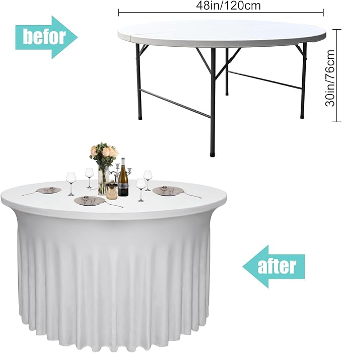 2 Pack 48" Diameter x 30" Height White Table Skirt | Fits 4FT Round Tables |Polyester Spandex Round Table Cloths with Skirt|Stain 、Wrinkle Resistant、 for Wedding,Party,Dining,Banquet