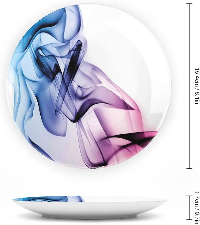 Ceramic Display Plate, Abstract Decor Ceramic Hanging Decorative Plate, Colorful Smoke Dynamic Flow Swirl Contemporary, 6 Inch, Household Custom Ceramic Plate, Fuchsia Blue