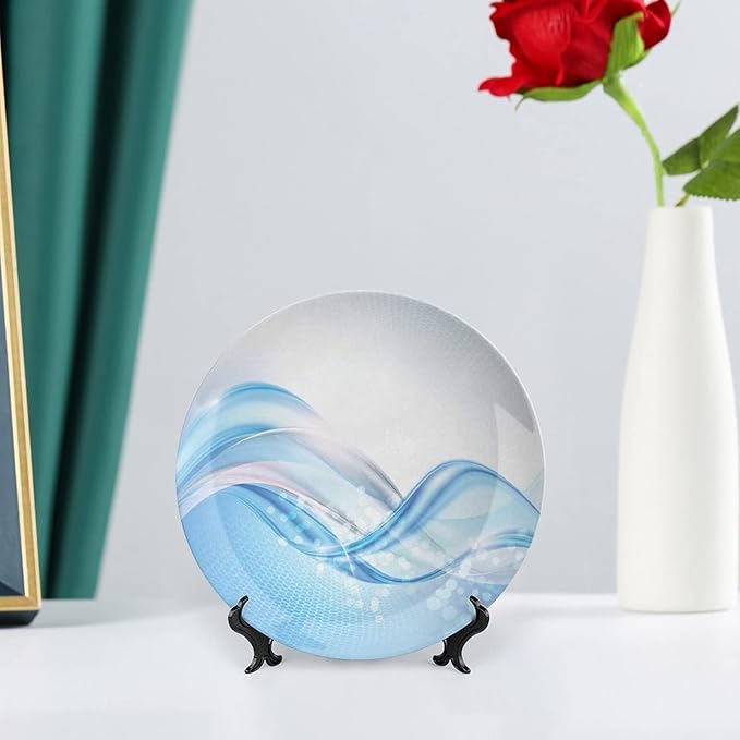 Ceramic Display Plate, Abstract Ceramic Hanging Decorative Plate, Modern Wavy Ocean Surfer Summertime Themed, 10 Inch, Living Room Kitchen Decoration Household, Pale Blue and White