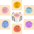 MAYCARI Cartoon Emotional Face Coasters Set of 6 Cork Backed Cute Coasters with Metal Holder Original Ceramic Surface Drink Cup Mats for Tabletop Protection Modern Desk Decoration Birthday Gifts