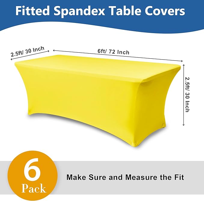 Fitted Stretch Table Cover for 6 Foot Rectangle Tables-6 Pack Yellow Spandex Tablecloth-Elastic Folding Tablecloths for Party, Vendor Booth Display, Banquet Buffet Event, Craft Trade Show