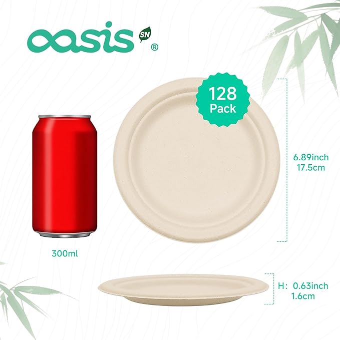 7 Inch 128 Pack Compostable Disposable Paper Plates, Heavy Duty Sugarcane Bagasse Plates, Biodegradable Eco-Friendly for Snacks & Parties, Unbleached Natural