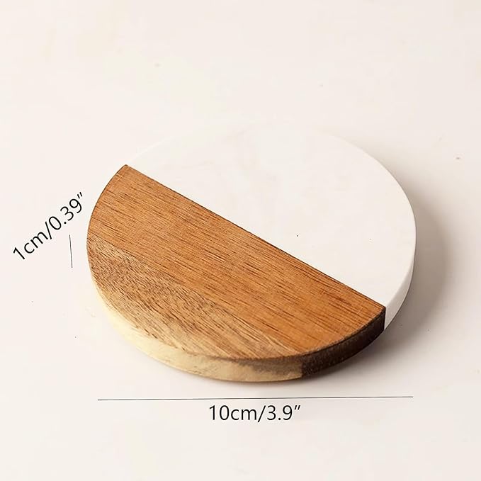 I-LAN 8Packs Round Natural Wood and Marble Style Drink Coasters for Coffee Wooden Table, Drink Bar Coaster Set/Tea Table Coasters for Living Room,Beer Cans,Bar Glasses,4 x 4 Inch