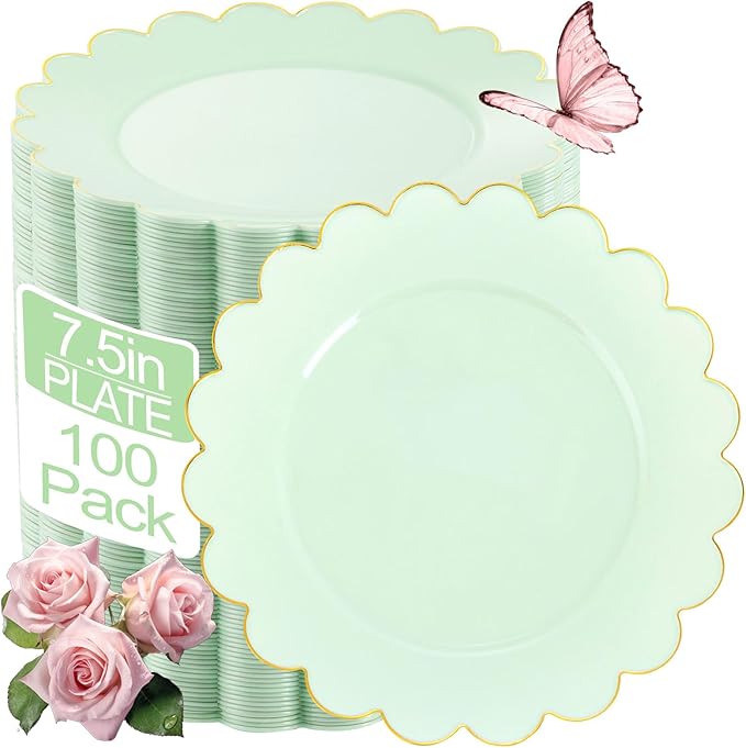 LIYH 100 Pcs Sage Green Dessert Plates Scalloped Plastic Cake Plate Gold Rim - 7.5 Inch Heavy-Duty Leak Proof Appetizer Plastic Plates for Birthday Wedding Holiday Party Self-Service Table Decor