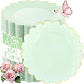LIYH 100 Pcs Sage Green Dessert Plates Scalloped Plastic Cake Plate Gold Rim - 7.5 Inch Heavy-Duty Leak Proof Appetizer Plastic Plates for Birthday Wedding Holiday Party Self-Service Table Decor