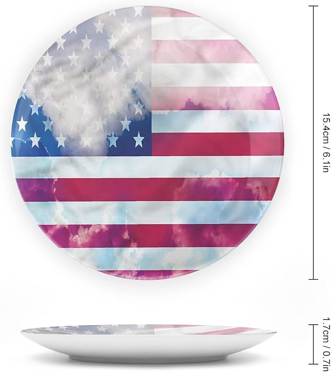 Ceramic Display Plate, American Flag Ceramic Hanging Decorative Plate, Flag Clouds Memorial, 7 Inch, Living Room Kitchen Decoration Household, Multicolor