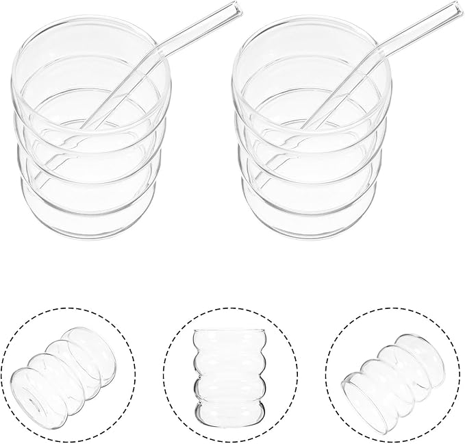 Glass Cup and Straw Set 300ml Ribbed Single-layer Glass Cups with Straws and Cleaning Brush, Juice Container and Coffee Glassware for Home Kitchen Dining, 9pcs Drinkware Set