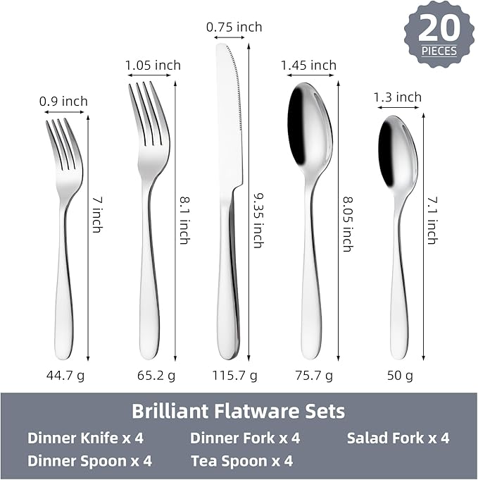 Silverware Set, CITESANA 20-Piece Heavy Duty Mirror Polished Stainless Steel Flatware Set Cutlery Set Flatware Service for 4