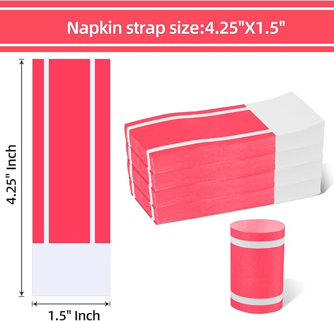 Germiwipe Red White Striped Paper Napkin Bands Self Adhesive - 500 Pcs 1.5x4.25 Inches Silverware Wraps Band Disposable Paper Napkin Rings for Restaurant Wedding Party Home Outdoor Holidays