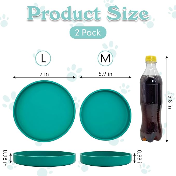 Silicone Cat Food Bowl Shallow Dishes 5.9in Wide Cats Bowls Set of 2 Kitty Plates Relief Whisker Fatigue Puppy Feeding Bowl for Dry Food and Wet Food Indoor (Round Green)