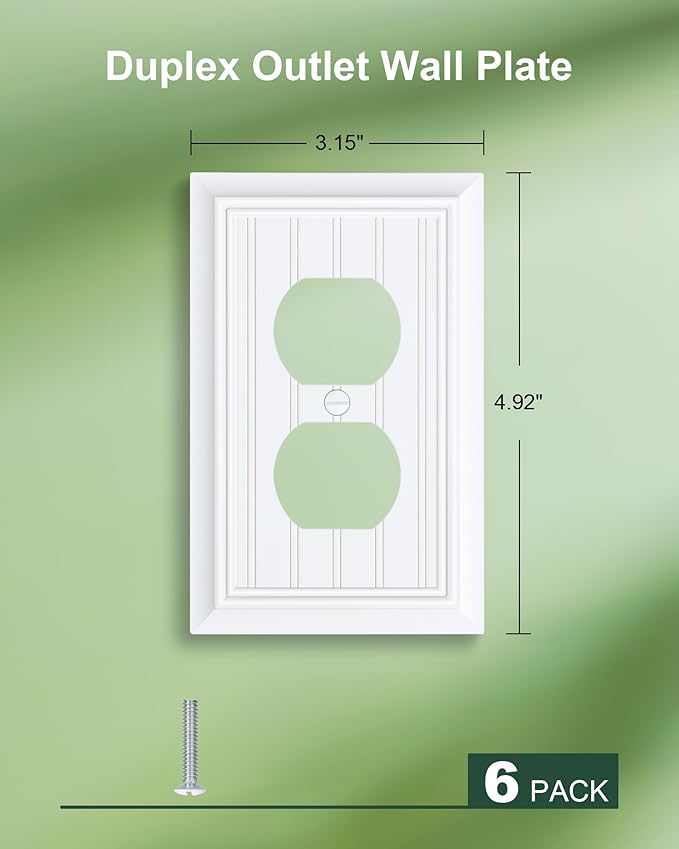 6-Pack Classic Beadboard Duplex Outlet Cover Plate, Decorative Switch Plates and Outlet Covers, Natural Bamboo Fiber Wall Plates for Electrical Outlets, 1 Gang Receptacle Cover,Pure White