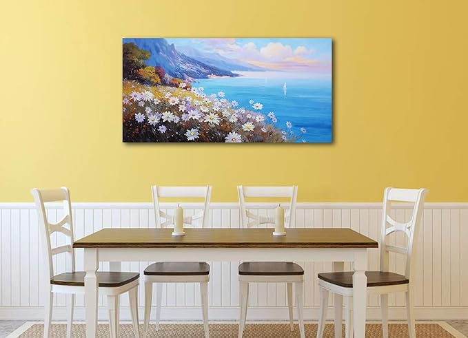 Anolyfi Coastal Landscape Wall Art Nature Flower Mountain Canvas Painting Blue Ocean Seascape Picture, Textured Artwork Large Framed for Living Room Bedroom Bathroom Kitchen Office Home Decor 40"x20"