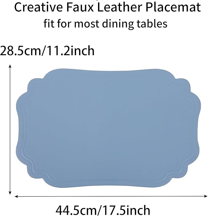 Faux Leather Placemats Set of 6 Waterproof,Blue PU Leather Placemat for Dining Table,Wipeable Eco-Friendly Kitchen Table Mats Heat Resistant Anti Slip Washable,Modern Table Protectors