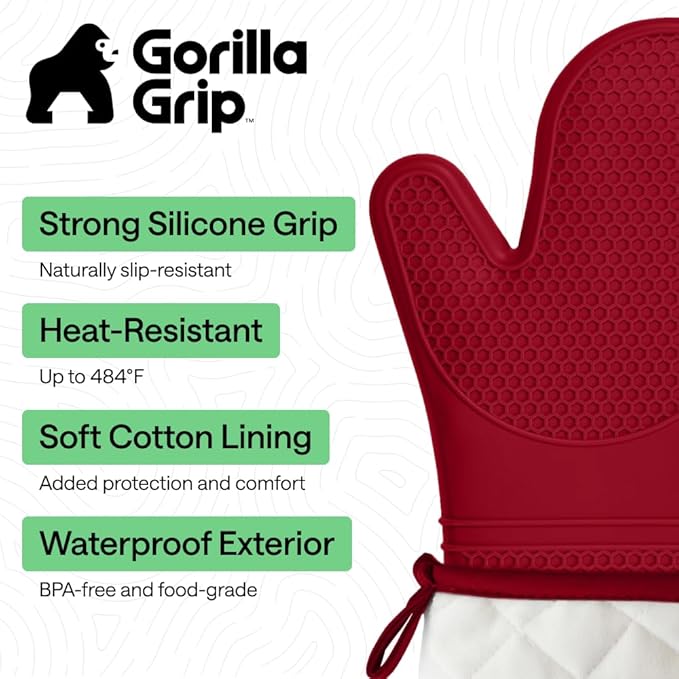 GORILLA GRIP BPA-Free Soft Silicone Oven Mitts, Heat Resistant and Waterproof Cooking Gloves, Thick Cotton Lining, Flexible Gripping Kitchen Potholders Set of 2, Christmas Kitchen Decor, 12.5x8.3, Red
