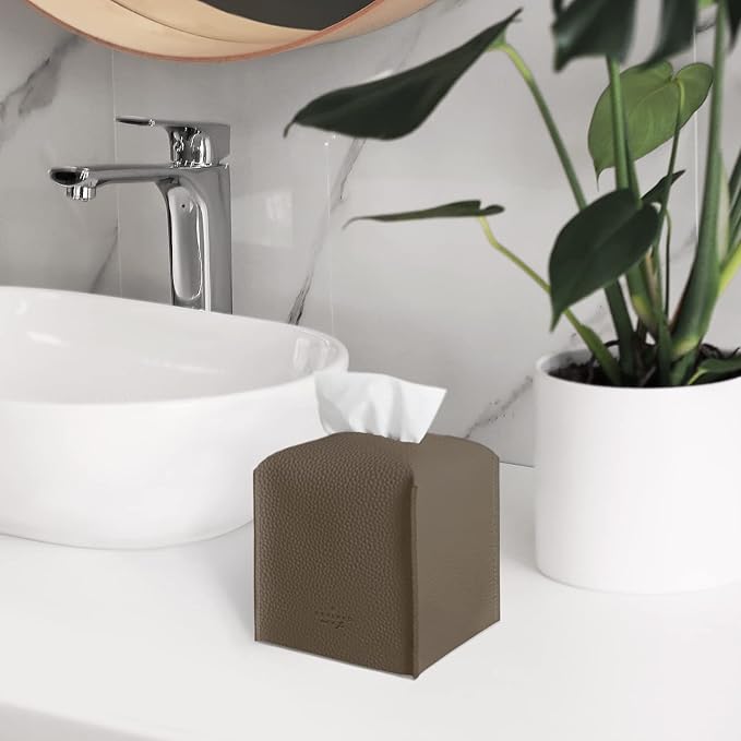 Carrotez Tissue Box Cover, [Refined] Modern PU Leather Square Tissue Box Holder - Decorative Holder/Organizer for Bathroom Vanity Countertop, Night Stands, Office Desk & Car 5"X5"X5" - Cocoa Brown