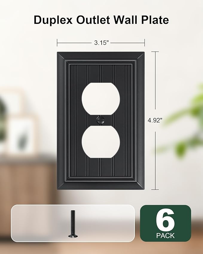 6-Pack Classic Beadboard Duplex Outlet Cover Plate, Decorative Matte Black Switch Plates and Outlet Covers, Natural Bamboo Fiber Wall Plates for Electrical Outlets, 1 Gang Receptacle Cover