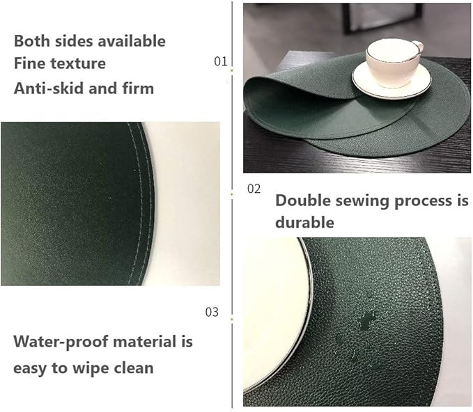 Jovono Faux Leather Round Placemats and Coasters, Wipeable Table Mats, Easy to Clean, Double Stitched for Kitchen Dining Table, Party, Restaurant, Diameter 13'' and 3.9'', Green