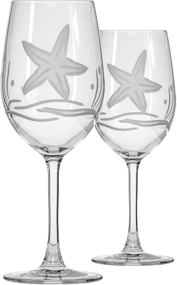 Rolf Glass Starfish White Wine Glass | 12oz Coastal glassware | Set of 2 | Engraved Lead-Free Wine Glasses | Made in the USA