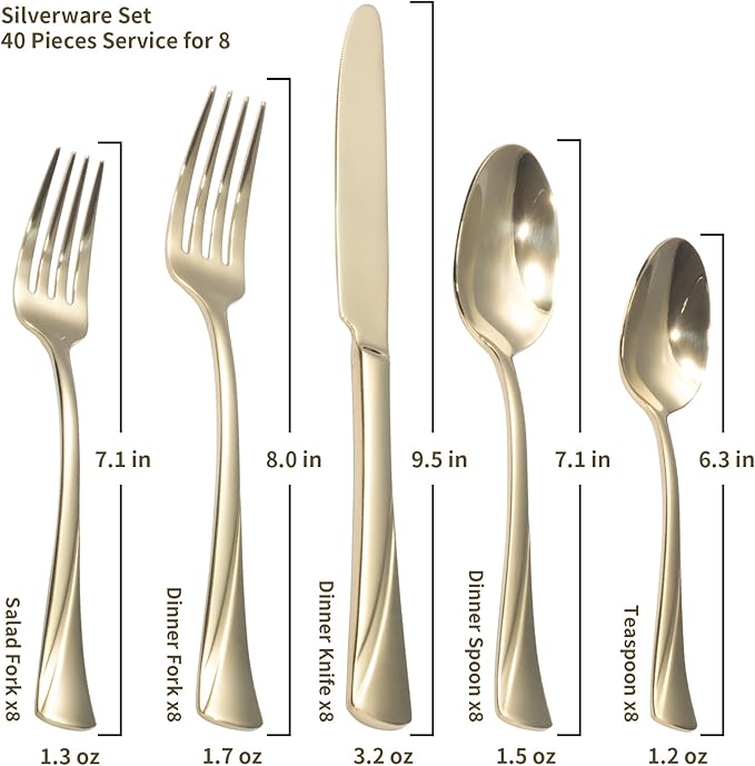 Alata Alice Champagne Gold Mirror 40-Piece Silverware Set Stainless Steel Flatware Set,Service for 8,Mirror Polished Cutlery Set,Dishwasher Safe