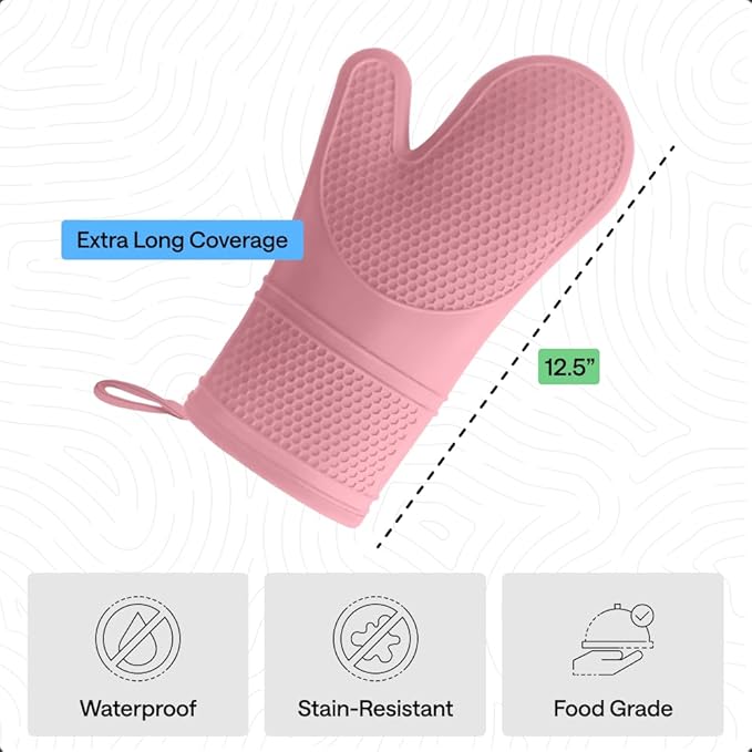 GORILLA GRIP BPA-Free Soft Silicone Oven Mitts, Heat Resistant and Waterproof Cooking Gloves, Thick Cotton Lining, Flexible Gripping for Baking Grilling, Kitchen Potholders Set of 2, 12.5x8.3, Pink