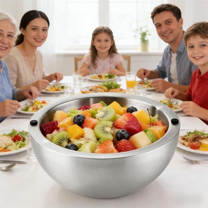 304 Stainless Steel Insulated Salad & Dipping Bowl, Two Hot/Cold Water Inlets to Keep Food Hot or Cold Suitable for Picnics, Salad Making and Dipping (70 oz)