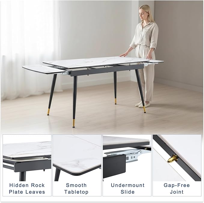 Extendable Dining Table Set for 8, 55'' to 78.8'' Rectangular Thickened Sintered Stone Kitchen Table with 8 Upholstered Chairs, Modern Space Saving 9-Piece Dinner Table Set