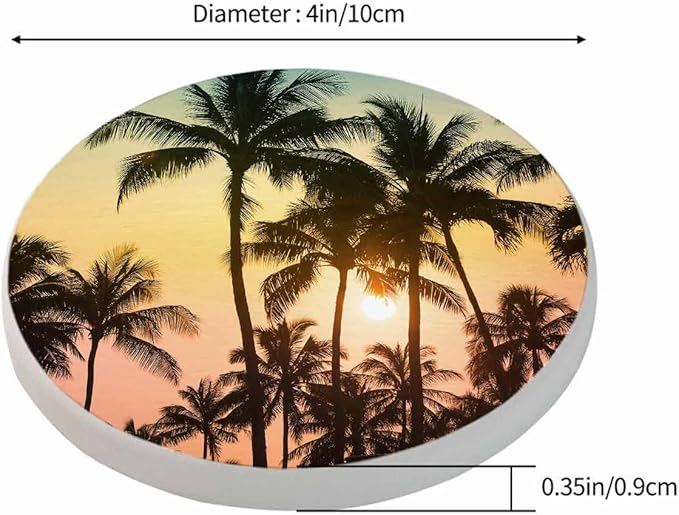 Tropical Island Sunset Coasters for Drinks Beautiful Nature Landscape Sunrise Dusk Scenery Palm Tree for Tabletop Protection Coffee Table Living Room Kitchen Office Home Decor 2 Pcs,4 Inch