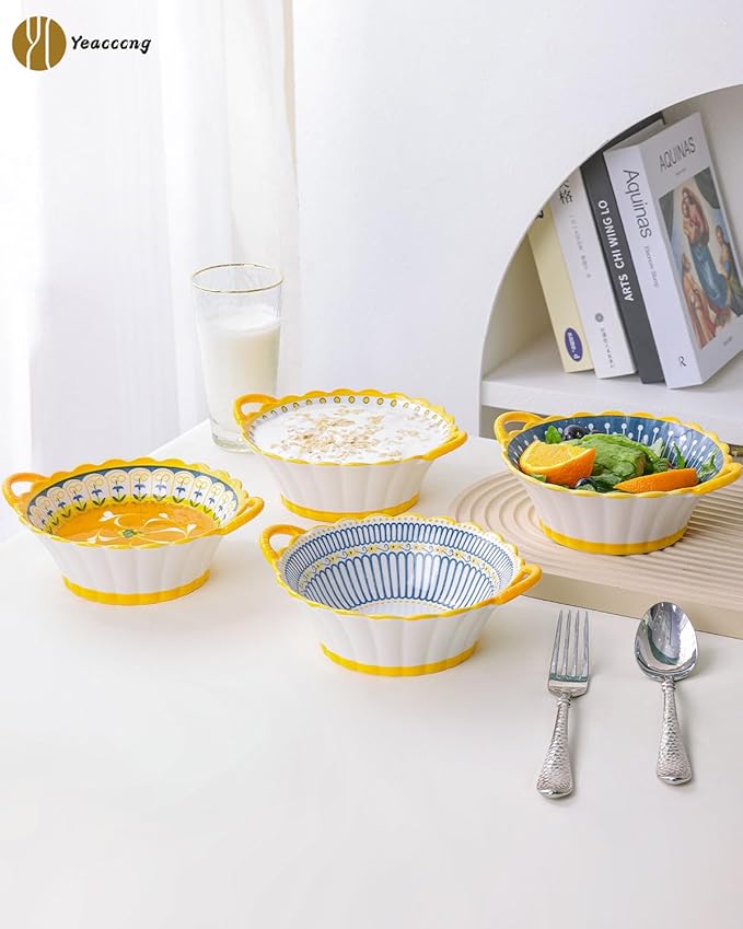 Yeacccng Soup Bowls with Handles, 20 Oz French Onion Soup Bowls Set of 4, Ceramic Soup Bowl for Kitchen, Oven/Microwave Bowls, 6.5 Inch Ceramic Soup Crocks, Cute Bowls, Scratch-Resistant, Lead-Free