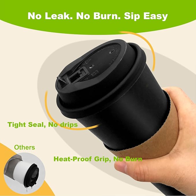 100 Pack 16 oz Disposable Coffee Cups with Lids and Sleeves, To Go Coffee Cups with Lids, Leak-Proof Hot Coffee Cups, PLA Black Paper Coffee Cups for Hot Beverage