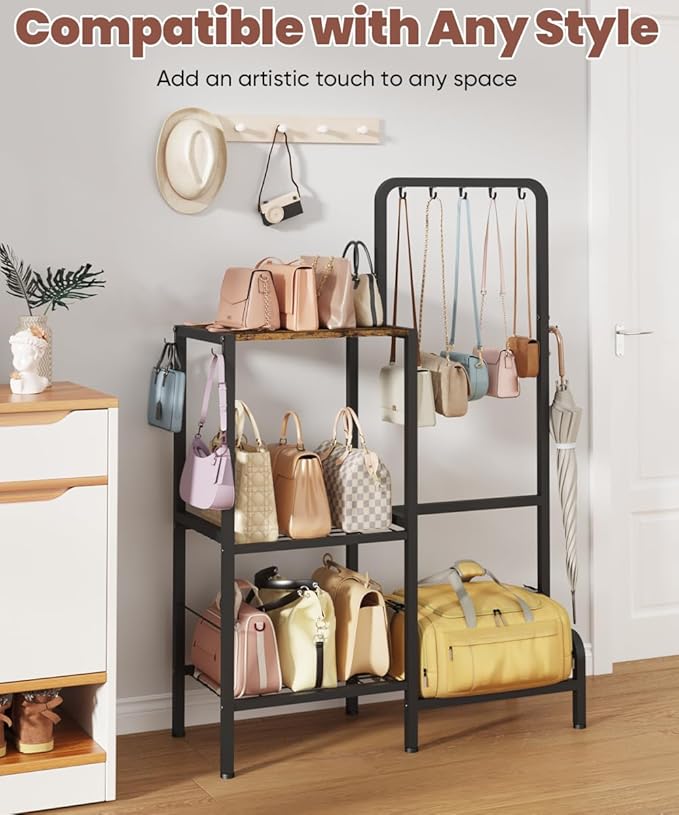 Floor-Standing 3-Tier Purse Organizer, High-Capacity Bag Holder with 8 Hooks, Multi-Functional Purse Rack for Various Bags, Handbag Display Stand Shelf for Closet, Bedroom, Entryway, Black