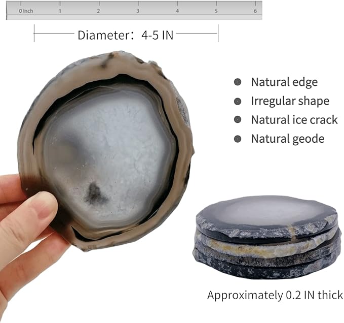 Gray Agate Coaster Drinks Crystal Cup Stone Coasters Set of 4 Geode Agate Slices with Rubber Bumpers for Coffee, Wine or Bar Glasses (4"-5")