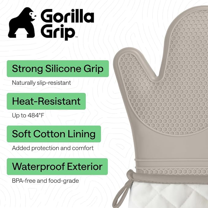 GORILLA GRIP BPA-Free Soft Silicone Oven Mitts, Heat Resistant and Waterproof Cooking Gloves, Thick Cotton Lining, Flexible Gripping for Baking Grilling, Kitchen Potholders Set of 2, 12.5x8.3, Almond