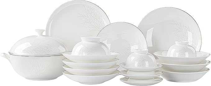 Fine Bone China Dinnerware Set,Porcelain&Ceramic Dinnerware Sets,Bone Stoneware&Ceramic Cookware Tableware Set Includes Dinner Plates|Spoons|Pasta Bowls|Soup Pot|Chopsticks (16PCS * 4-Person Set)