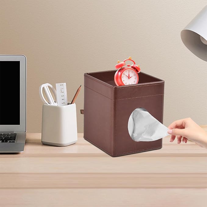 Tissue Box Cover Square Tissue Box Holder PU Leather Facial Tissues Organizer with Storage Tray for Bathroom Vanity Bedroom Office Car,Stylish Napkin Caddy Decorative Organizer (Brown)