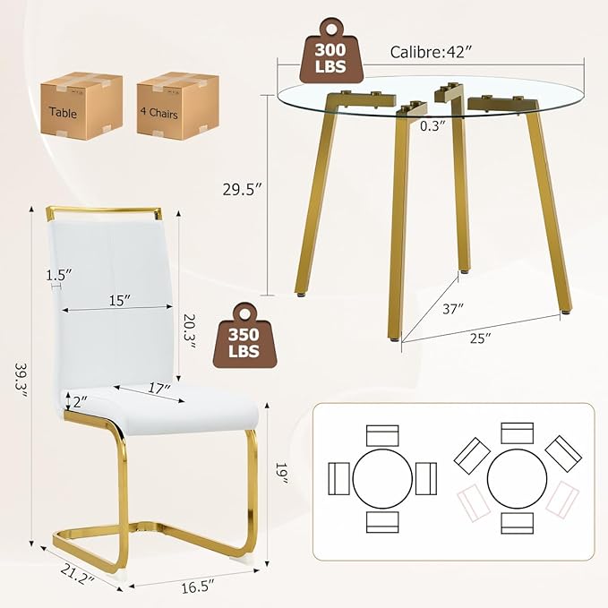 42" Round Glass Dining Table Set for 4,Modern Breakfast Table Set for 4 with Luxury Gold Chrome Legs,Space Saving Kitchen Table and White Chairs for Apartment,Easy Assembly