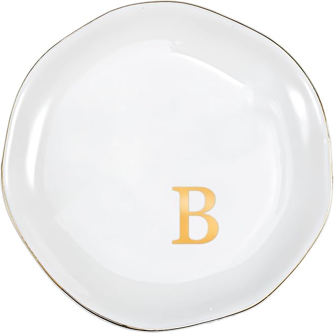 ProCase Ceramic Jewelry Tray, Initial Ring Dish Trinket Plate Engagement Gift, Small Personalized Monogram Ring Bowl for Wedding, White Decorative Jewelry Holder for Women Vanity -Letter B