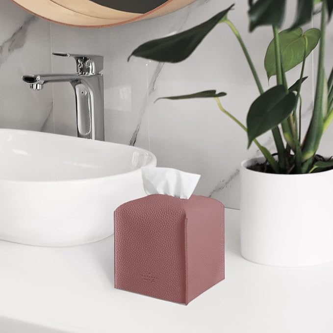 Carrotez Tissue Box Cover, [Refined] Modern PU Leather Square Tissue Box Holder - Decorative Holder/Organizer for Bathroom Vanity Countertop, Night Stands, Office Desk & Car 5"X5"X5" - Dry Rose