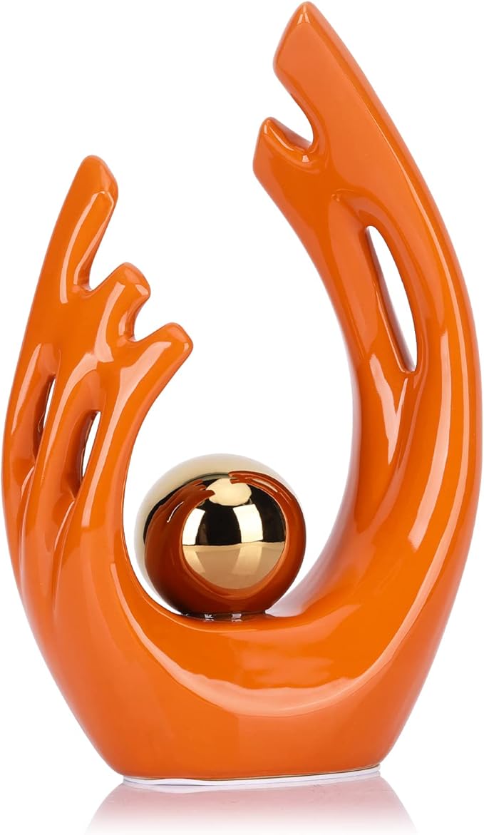 9.5" H Orange Gold Aesthetic Room Decor Accent, TV Stand Funky Table Centerpiece, Abstract Art Ceramic Statue and Sculpture, Orange Decor for Living Room, Bookshelf Decorative Objects, Shelf Decor